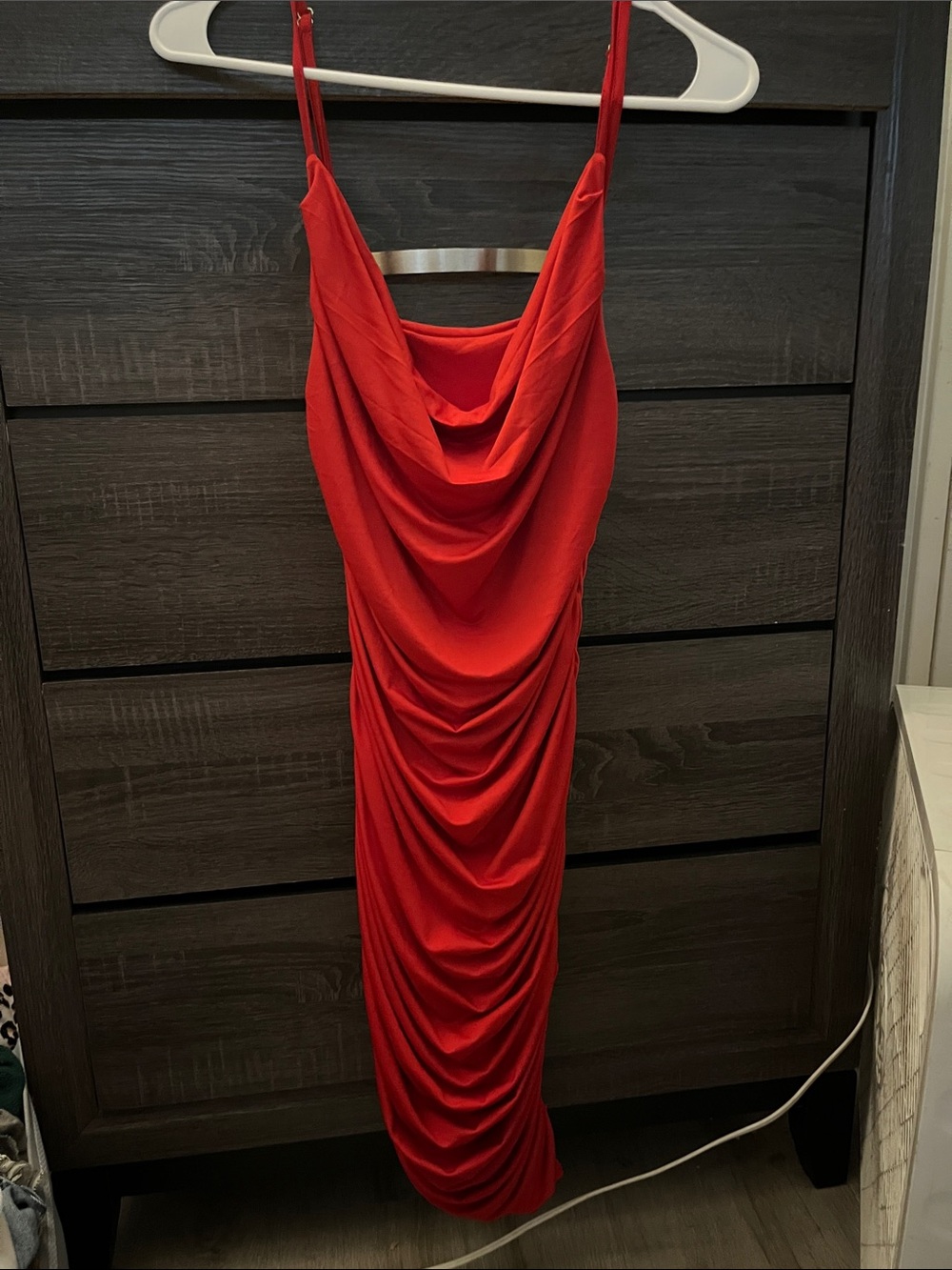 Red Draped Cowl Neck Bodycon Dress - Women